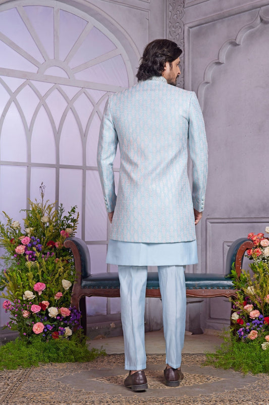 Sky Blue Brocade Indo Western Sherwani for Men - Mangaldeep NX