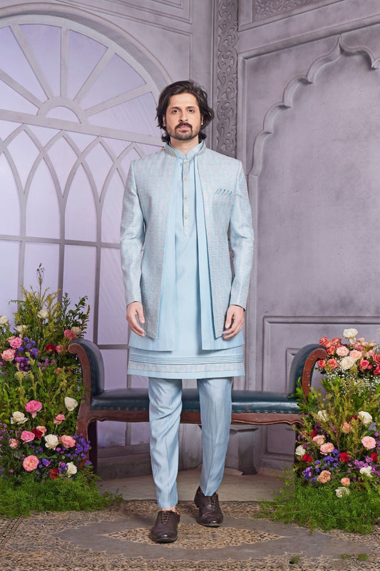 Sky Blue Brocade Indo Western Sherwani for Men - Mangaldeep NX
