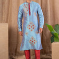 Sky Blue Embroidered Art Silk Kurta for Men with Maroon Pyjama - Mangaldeep NX