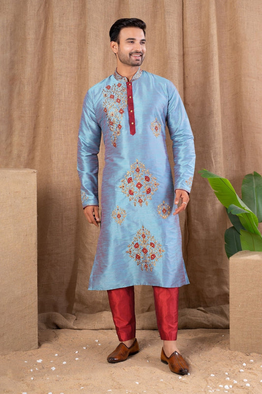 Sky Blue Embroidered Art Silk Kurta for Men with Maroon Pyjama - Mangaldeep NX