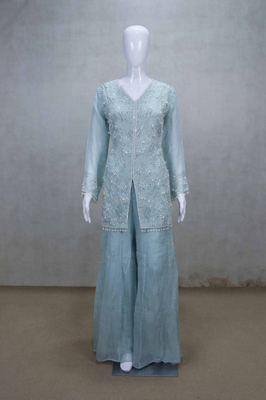 Sky Blue Embroidered Readymade Salwar Suit with Sharara & Dupatta - Mangaldeep NX