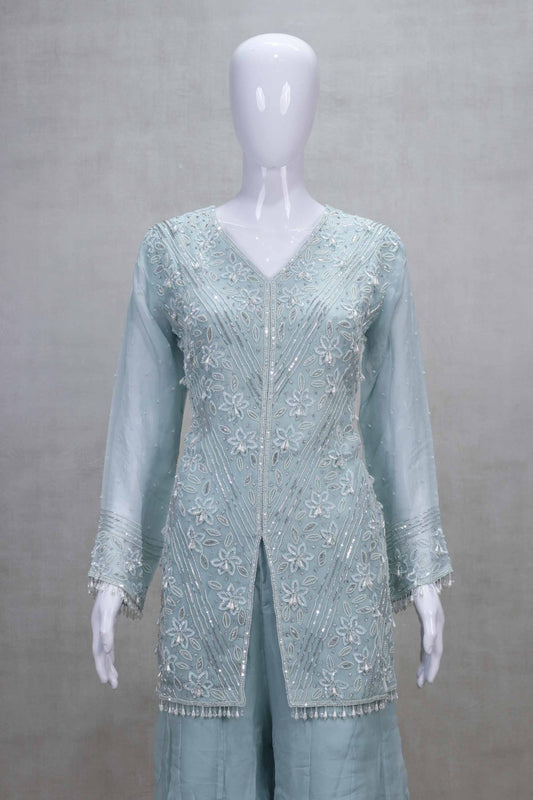 Sky Blue Embroidered Readymade Salwar Suit with Sharara & Dupatta - Mangaldeep NX