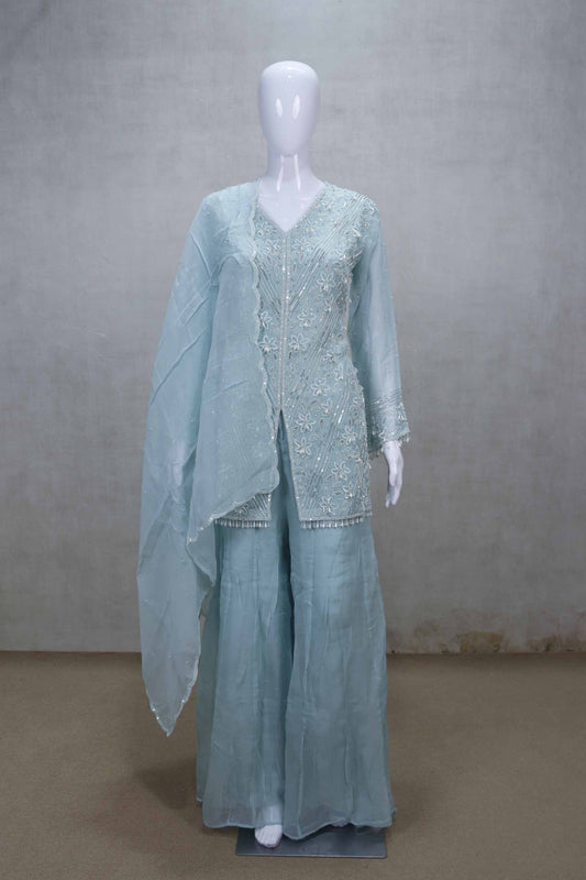 Sky Blue Embroidered Readymade Salwar Suit with Sharara & Dupatta - Mangaldeep NX