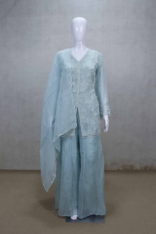 Sky Blue Embroidered Readymade Salwar Suit with Sharara & Dupatta - Mangaldeep NX
