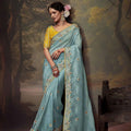 Sky Blue Embroidered Silk Saree with Stone Work and Yellow Blouse - Mangaldeep NX