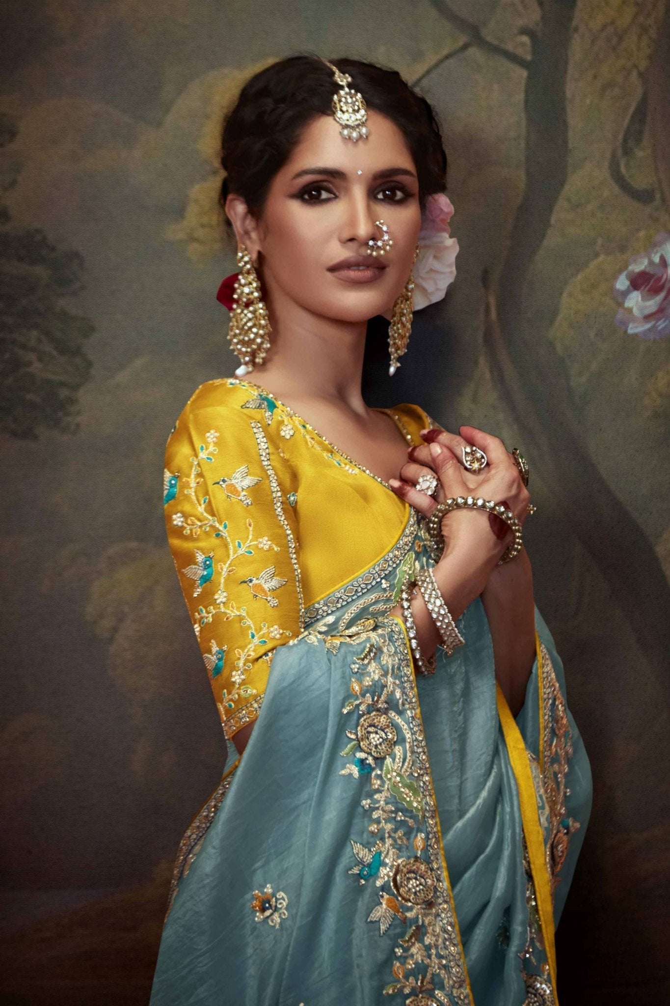 Sky Blue Embroidered Silk Saree with Stone Work and Yellow Blouse - Mangaldeep NX