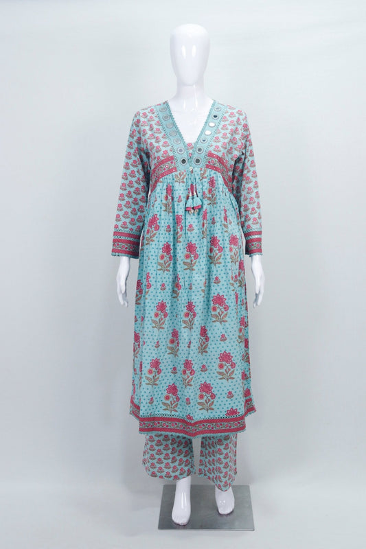 Sky Blue Floral Printed Cotton Anarkali Salwar Suit with Dupatta - Mangaldeep NX