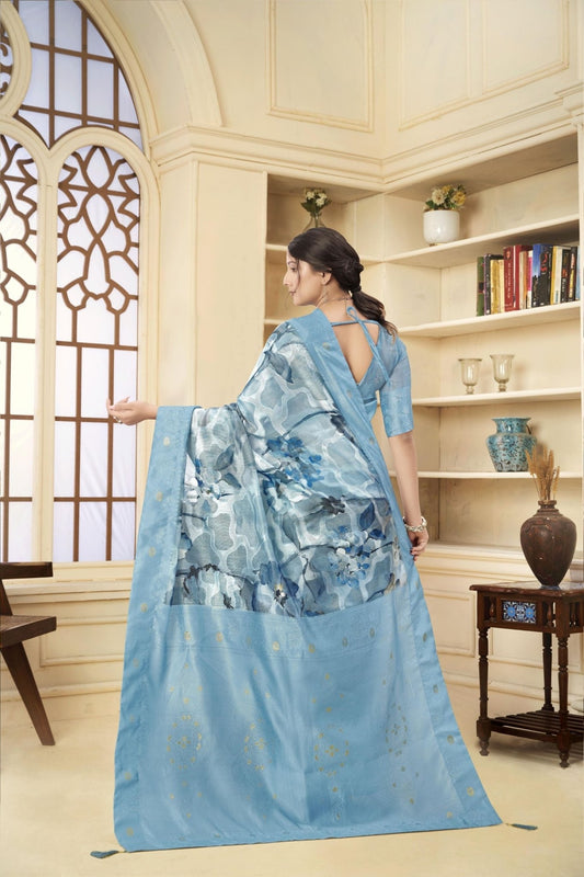 Sky Blue Floral Printed Linen Silk Saree with Zari Highlights and Matching Blouse - Mangaldeep NX