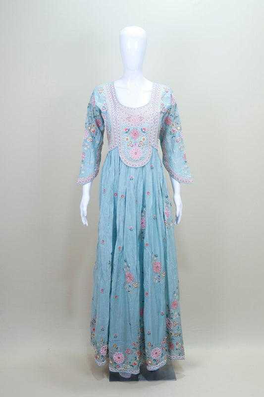 Sky Blue Georgette Anarkali Suit with Multicolor Floral Embroidery Dupatta - Mangaldeep NX