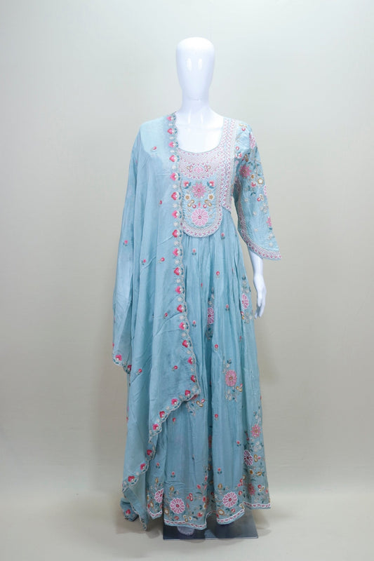 Sky Blue Georgette Anarkali Suit with Multicolor Floral Embroidery Dupatta - Mangaldeep NX