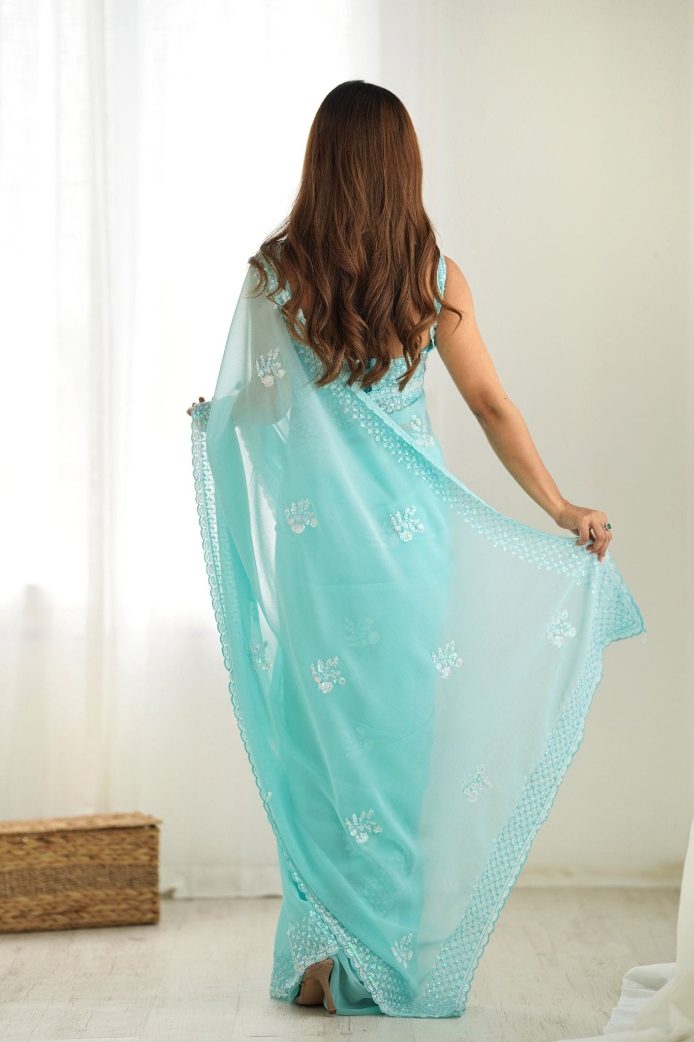 Sky Blue Georgette Saree with Sequin Embellishments and Designer Blouse - Mangaldeep NX