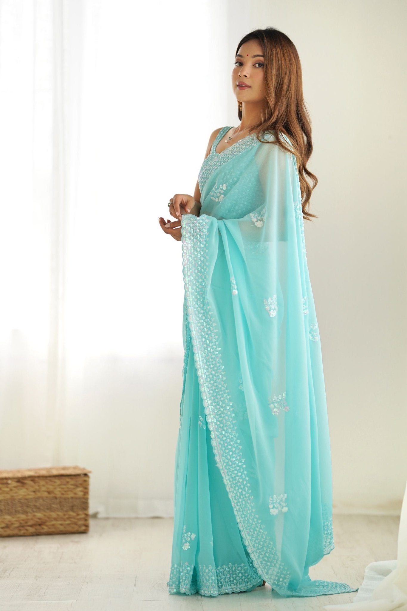 Sky Blue Georgette Saree with Sequin Embellishments and Designer Blouse - Mangaldeep NX