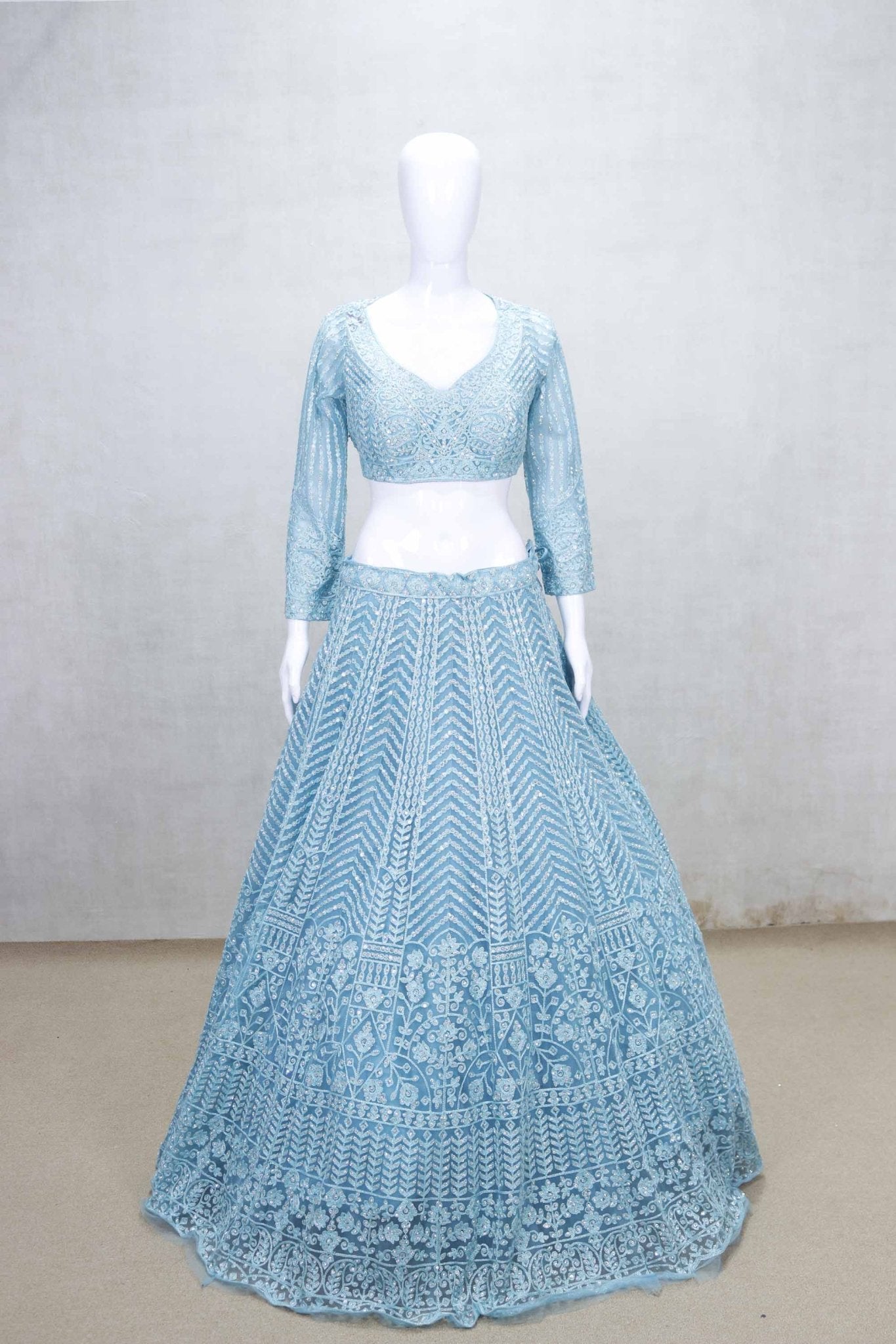 Sky Blue Heavy Embroidered Net Lehenga Choli Set with Matching Dupatta for Women - Mangaldeep NX