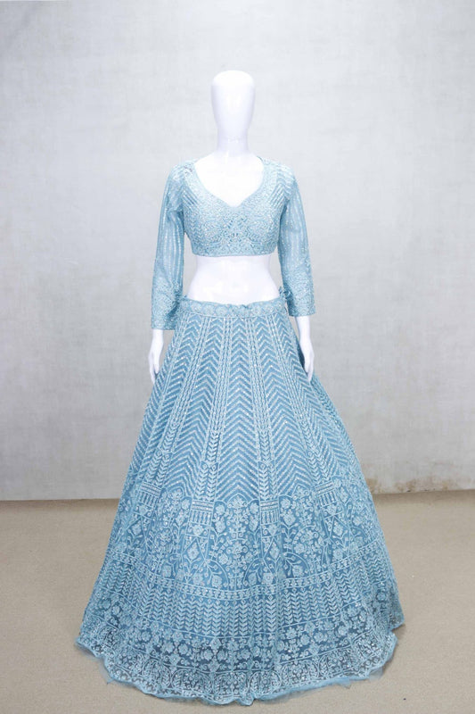 Sky Blue Heavy Embroidered Net Lehenga Choli Set with Matching Dupatta for Women - Mangaldeep NX