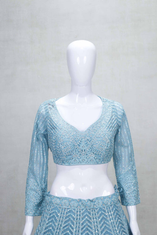 Sky Blue Heavy Embroidered Net Lehenga Choli Set with Matching Dupatta for Women - Mangaldeep NX