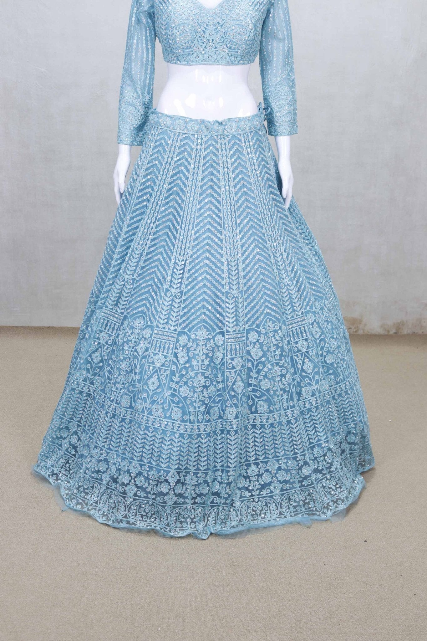 Sky Blue Heavy Embroidered Net Lehenga Choli Set with Matching Dupatta for Women - Mangaldeep NX