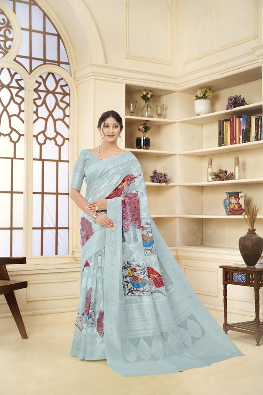 Sky Blue Linen Saree with Colorful Bird Print and Woven Detailing - Mangaldeep NX