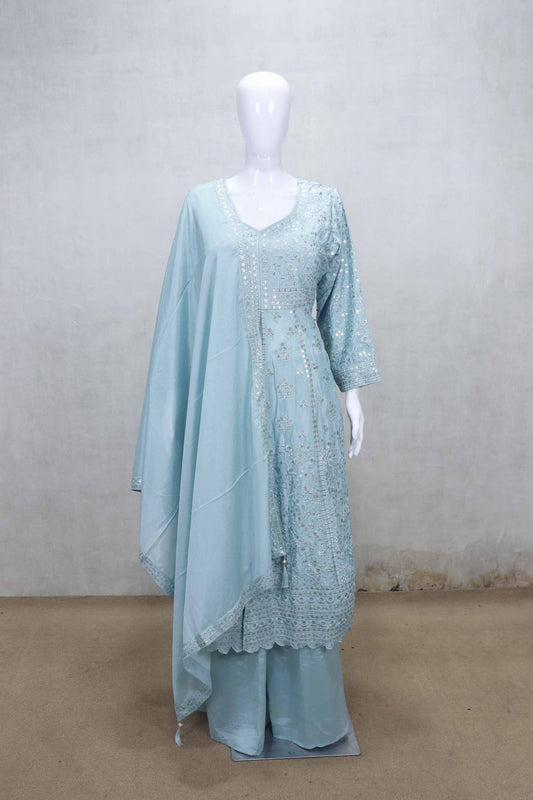Sky Blue Mirror Embroidered Kurta Set with Palazzo Pants and Matching Dupatta - Mangaldeep NX