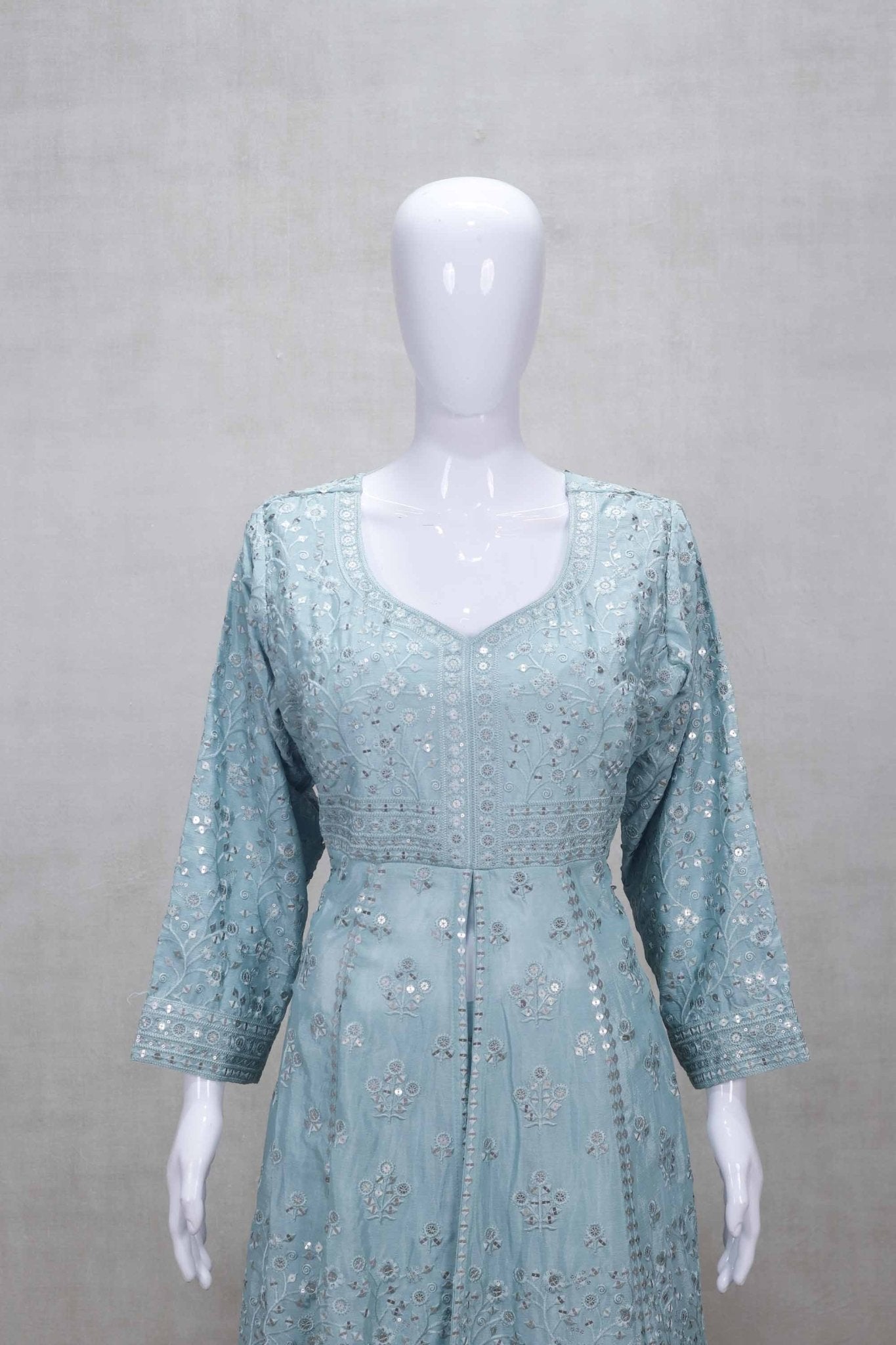 Sky Blue Mirror Embroidered Kurta Set with Palazzo Pants and Matching Dupatta - Mangaldeep NX