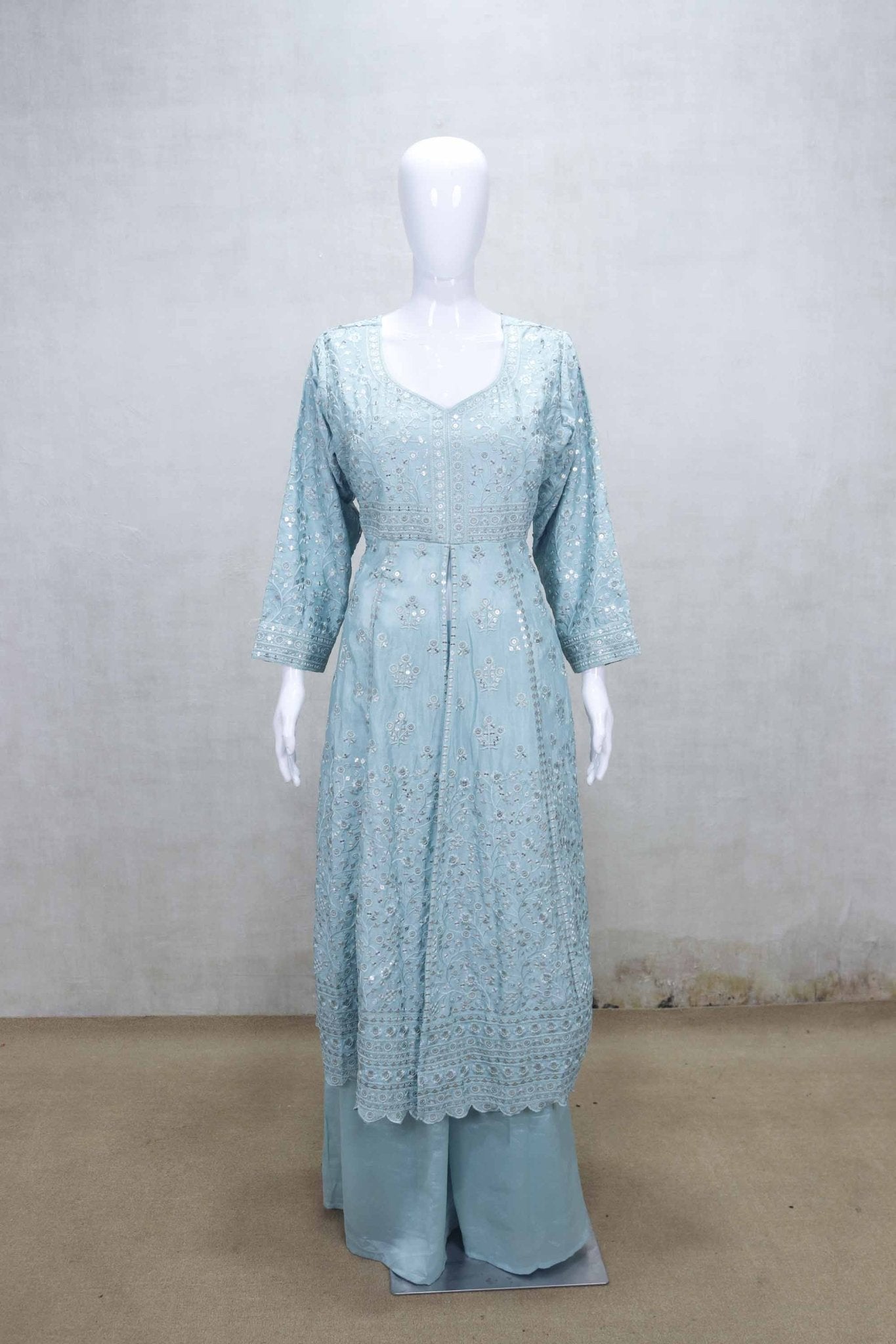 Sky Blue Mirror Embroidered Kurta Set with Palazzo Pants and Matching Dupatta - Mangaldeep NX