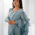 Sky Blue Organza Ruffle Readymade Plain Saree - Mangaldeep NX