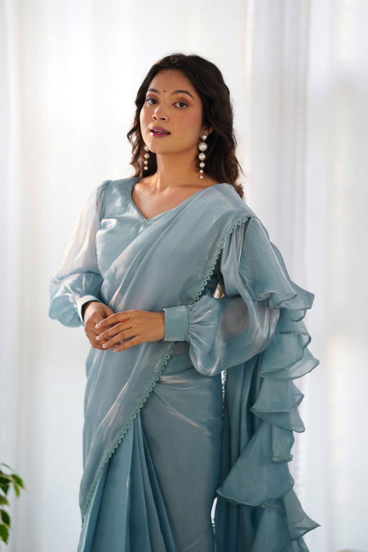 Sky Blue Organza Ruffle Readymade Plain Saree - Mangaldeep NX