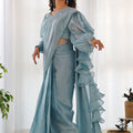 Sky Blue Organza Ruffle Readymade Plain Saree - Mangaldeep NX