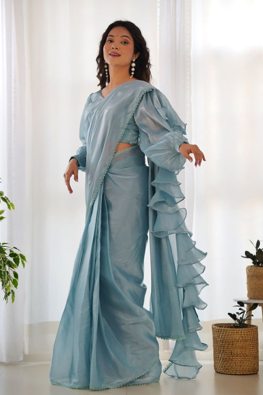 Sky Blue Organza Ruffle Readymade Plain Saree - Mangaldeep NX