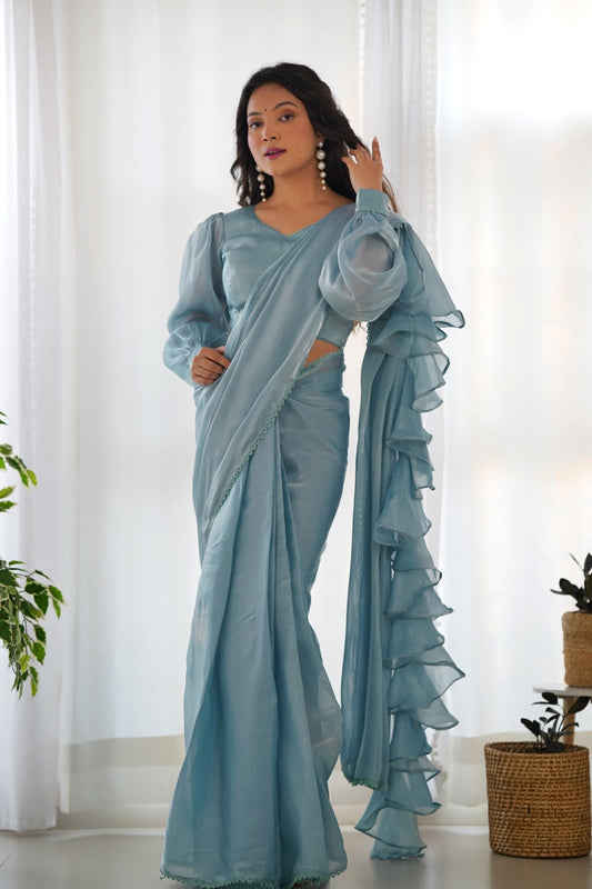 Sky Blue Organza Ruffle Readymade Plain Saree - Mangaldeep NX