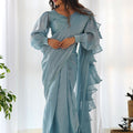 Sky Blue Organza Ruffle Readymade Plain Saree - Mangaldeep NX