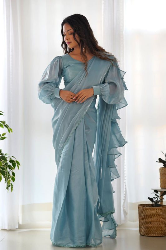 Sky Blue Organza Ruffle Readymade Plain Saree - Mangaldeep NX