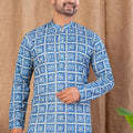 Sky Blue Printed Art Silk Kurta for Men with Beige Pyjama - Mangaldeep NX