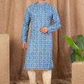 Sky Blue Printed Art Silk Kurta for Men with Beige Pyjama - Mangaldeep NX