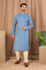Sky Blue Printed Art Silk Kurta for Men with Beige Pyjama - Mangaldeep NX