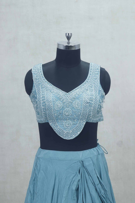 Sky Blue Ruffled Lehenga Choli with Hand Embroidered Yoke - Mangaldeep NX