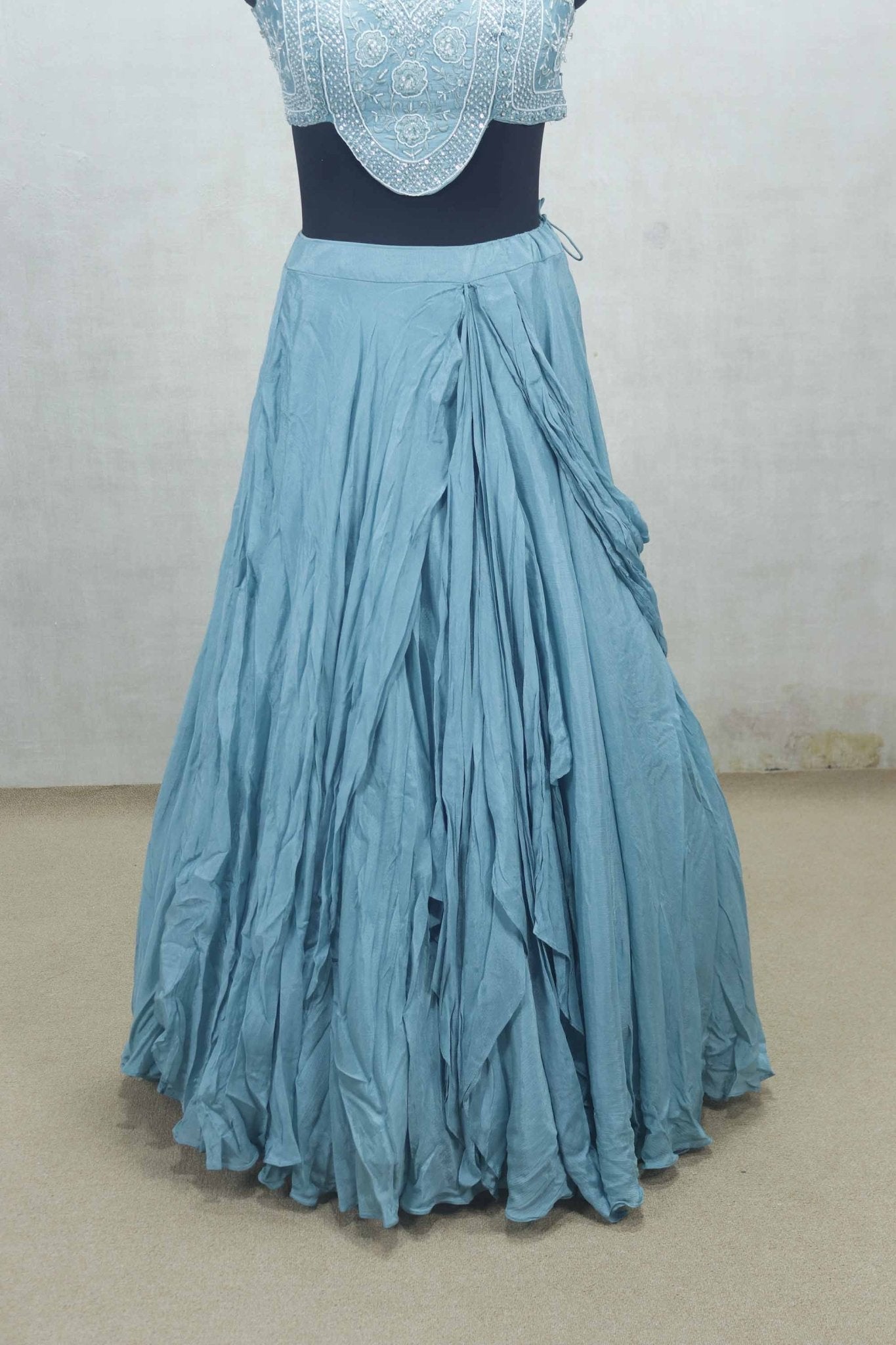 Sky Blue Ruffled Lehenga Choli with Hand Embroidered Yoke - Mangaldeep NX