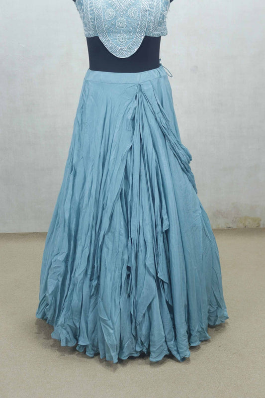 Sky Blue Ruffled Lehenga Choli with Hand Embroidered Yoke - Mangaldeep NX
