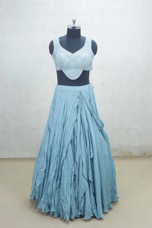 Sky Blue Ruffled Lehenga Choli with Hand Embroidered Yoke - Mangaldeep NX