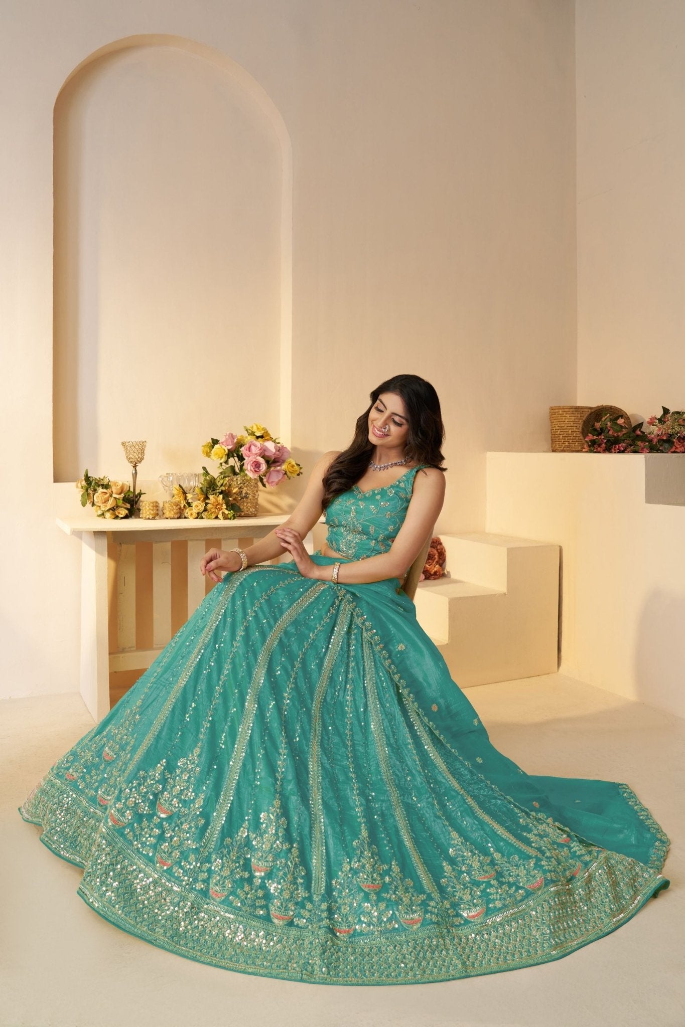 Sky Blue Sequin Embroidered Lehenga Choli with Dupatta - Mangaldeep NX