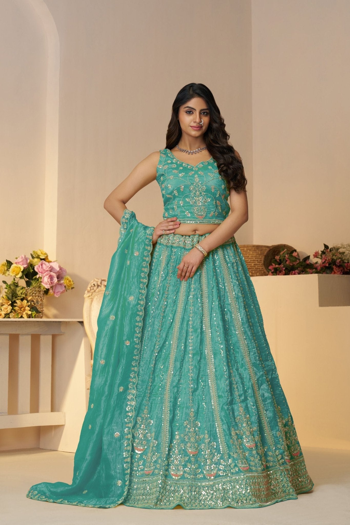 Sky Blue Sequin Embroidered Lehenga Choli with Dupatta - Mangaldeep NX