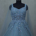 Sky Blue Sleeveless Gown with Sequin Embroidery and Net Cape for Special Occasions - Mangaldeep NX