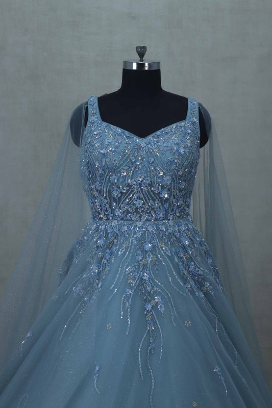 Sky Blue Sleeveless Gown with Sequin Embroidery and Net Cape for Special Occasions - Mangaldeep NX