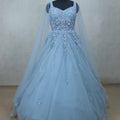 Sky Blue Sleeveless Gown with Sequin Embroidery and Net Cape for Special Occasions - Mangaldeep NX
