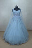 Sky Blue Sleeveless Gown with Sequin Embroidery and Net Cape for Special Occasions - Mangaldeep NX