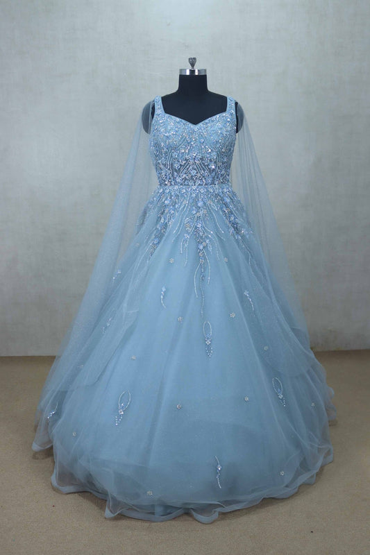 Sky Blue Sleeveless Gown with Sequin Embroidery and Net Cape for Special Occasions - Mangaldeep NX