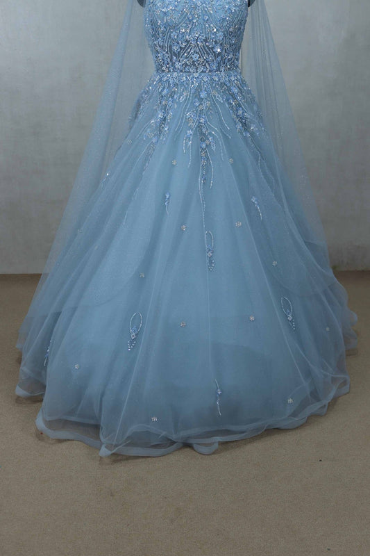 Sky Blue Sleeveless Gown with Sequin Embroidery and Net Cape for Special Occasions - Mangaldeep NX