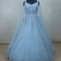 Sky Blue Sleeveless Gown with Sequin Embroidery and Net Cape for Special Occasions - Mangaldeep NX