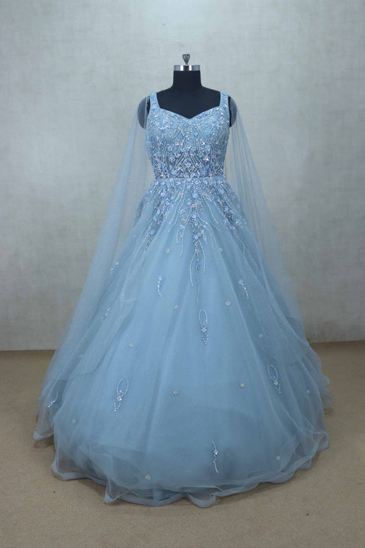 Sky Blue Sleeveless Gown with Sequin Embroidery and Net Cape for Special Occasions - Mangaldeep NX