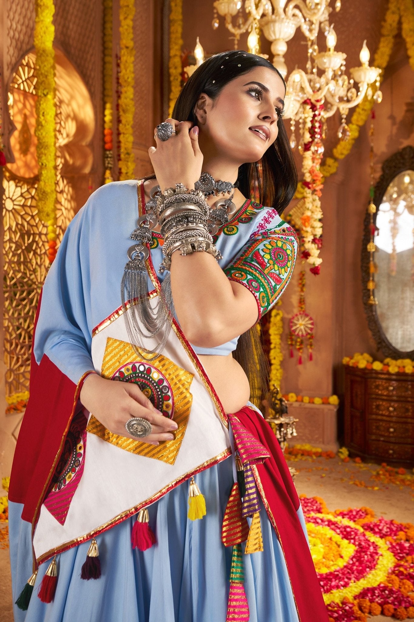 Sky Blue Traditional Garba Lehenga Choli Set with Multicolor Mirror Work for Navratri - Mangaldeep NX