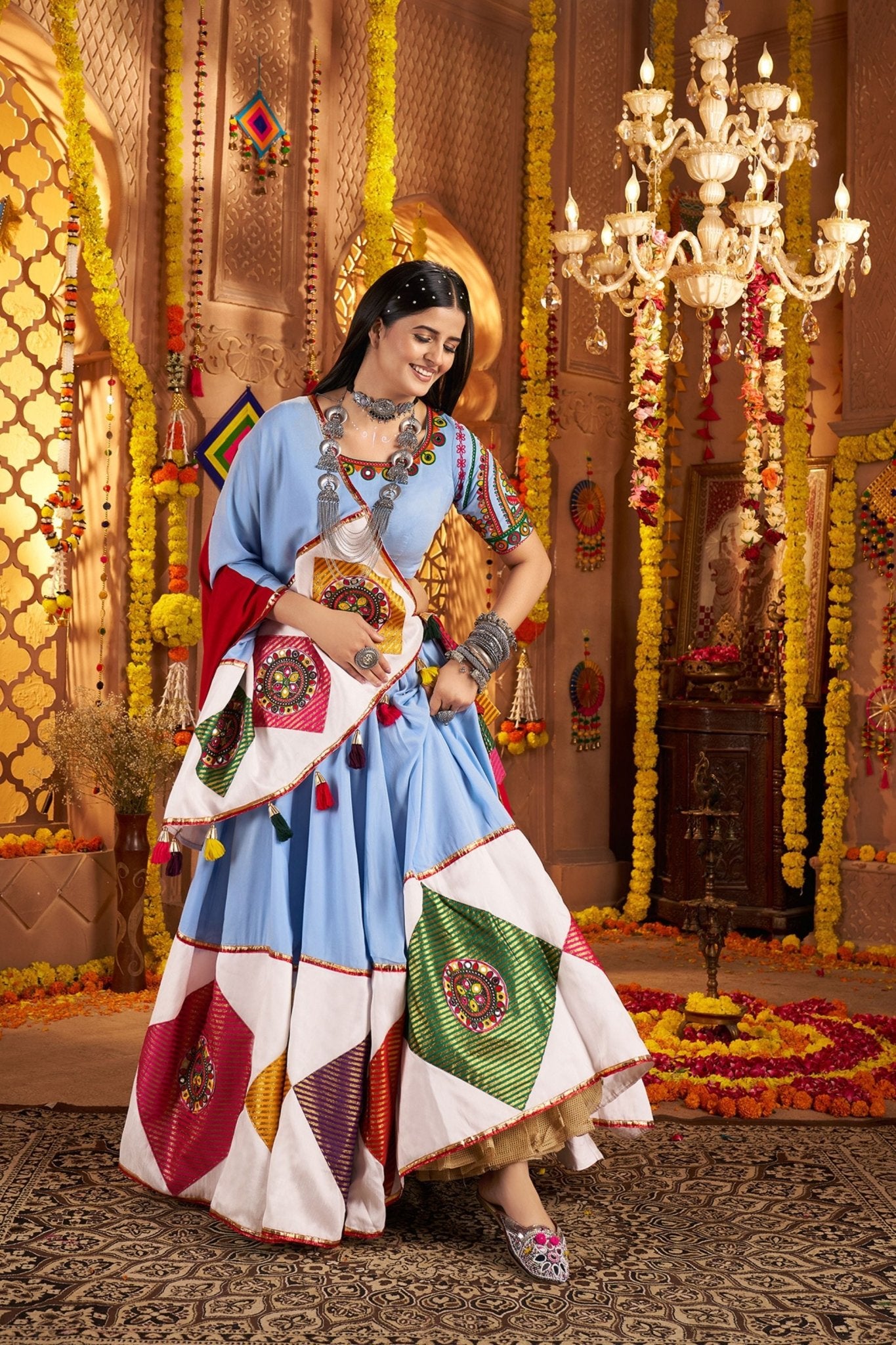 Sky Blue Traditional Garba Lehenga Choli Set with Multicolor Mirror Work for Navratri - Mangaldeep NX